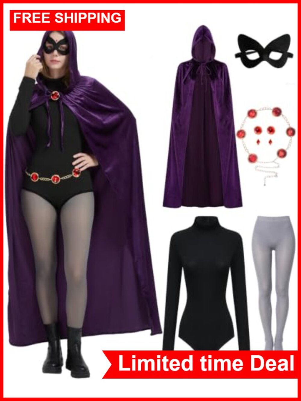 Women's Raven Costume 6-Piece Set with Velvet Cloak, Bodysuit, Fishnets
